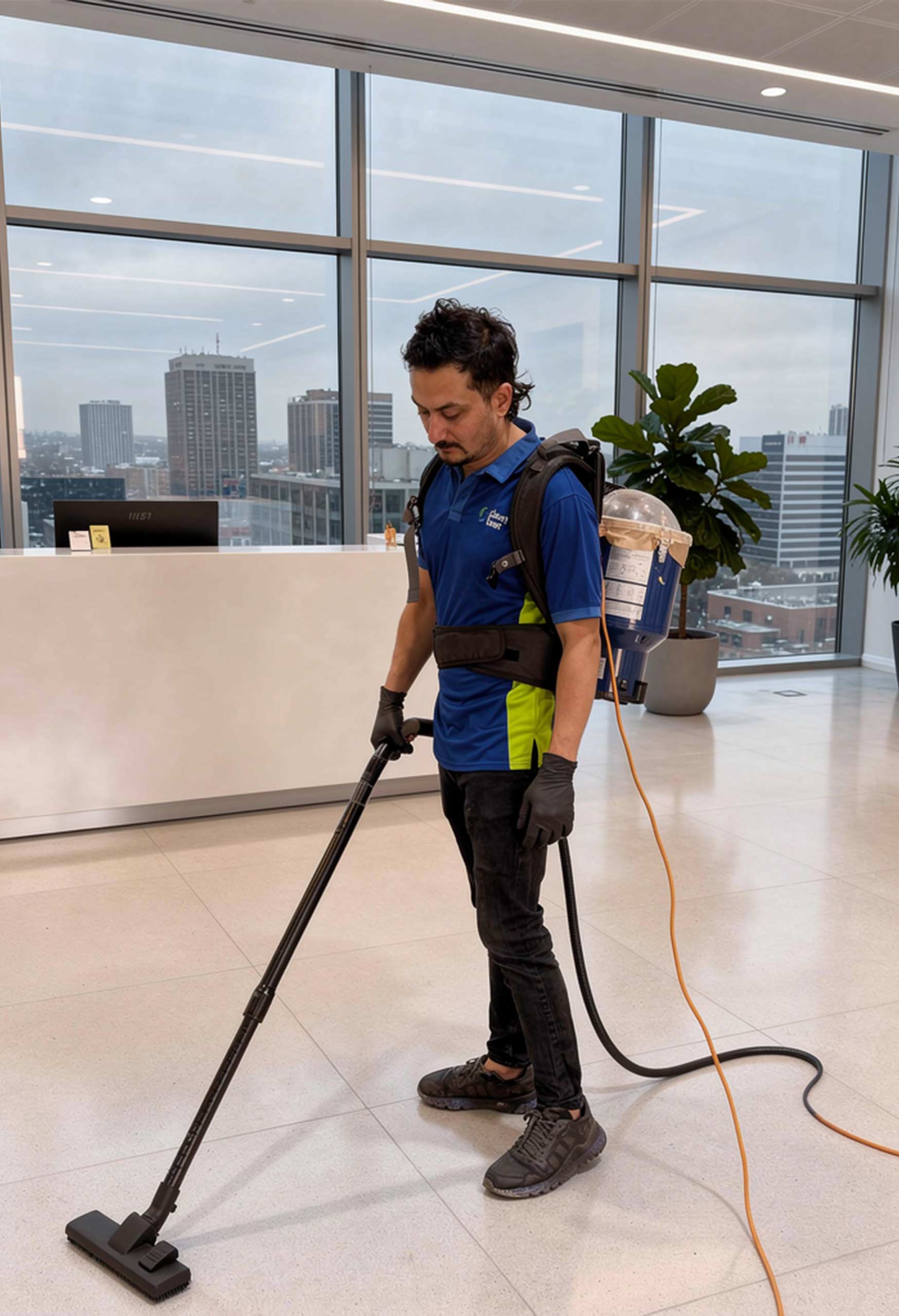 cleaning staff wiping office desks