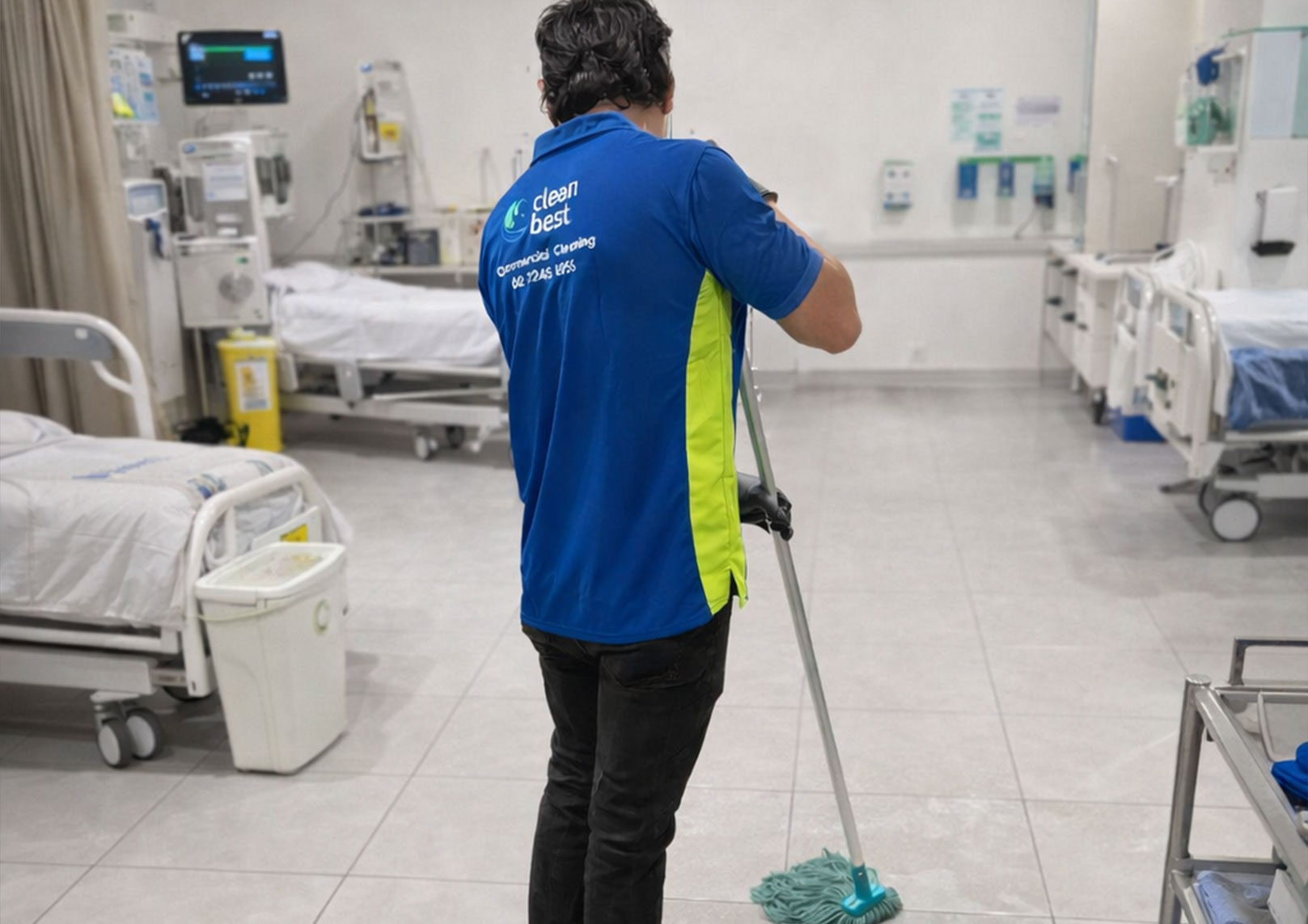 professional cleaners working in office